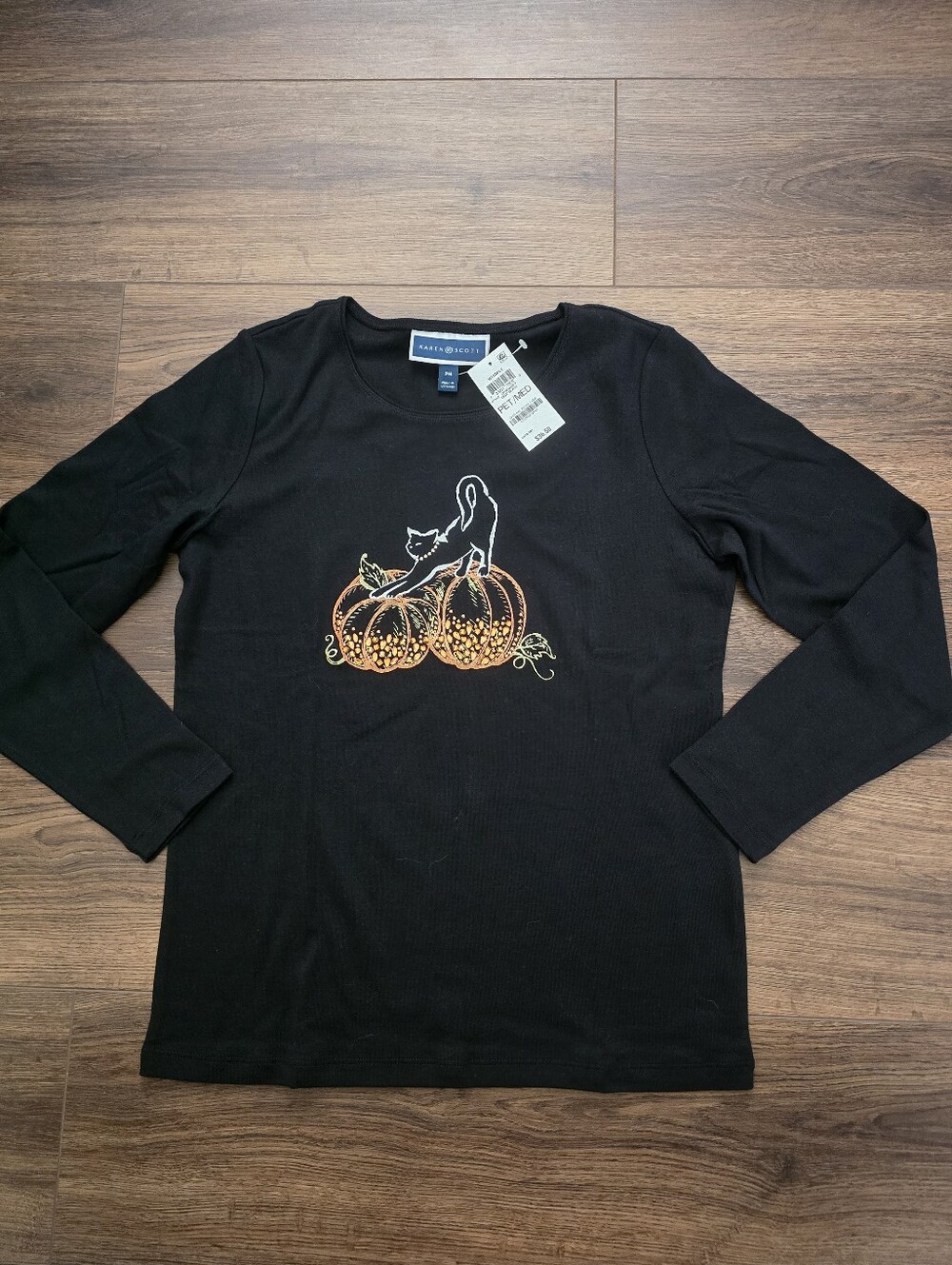 Karen Scott Pumpkin Cat Halloween Tee Shirt Petite M PM Rhinestone Cotton